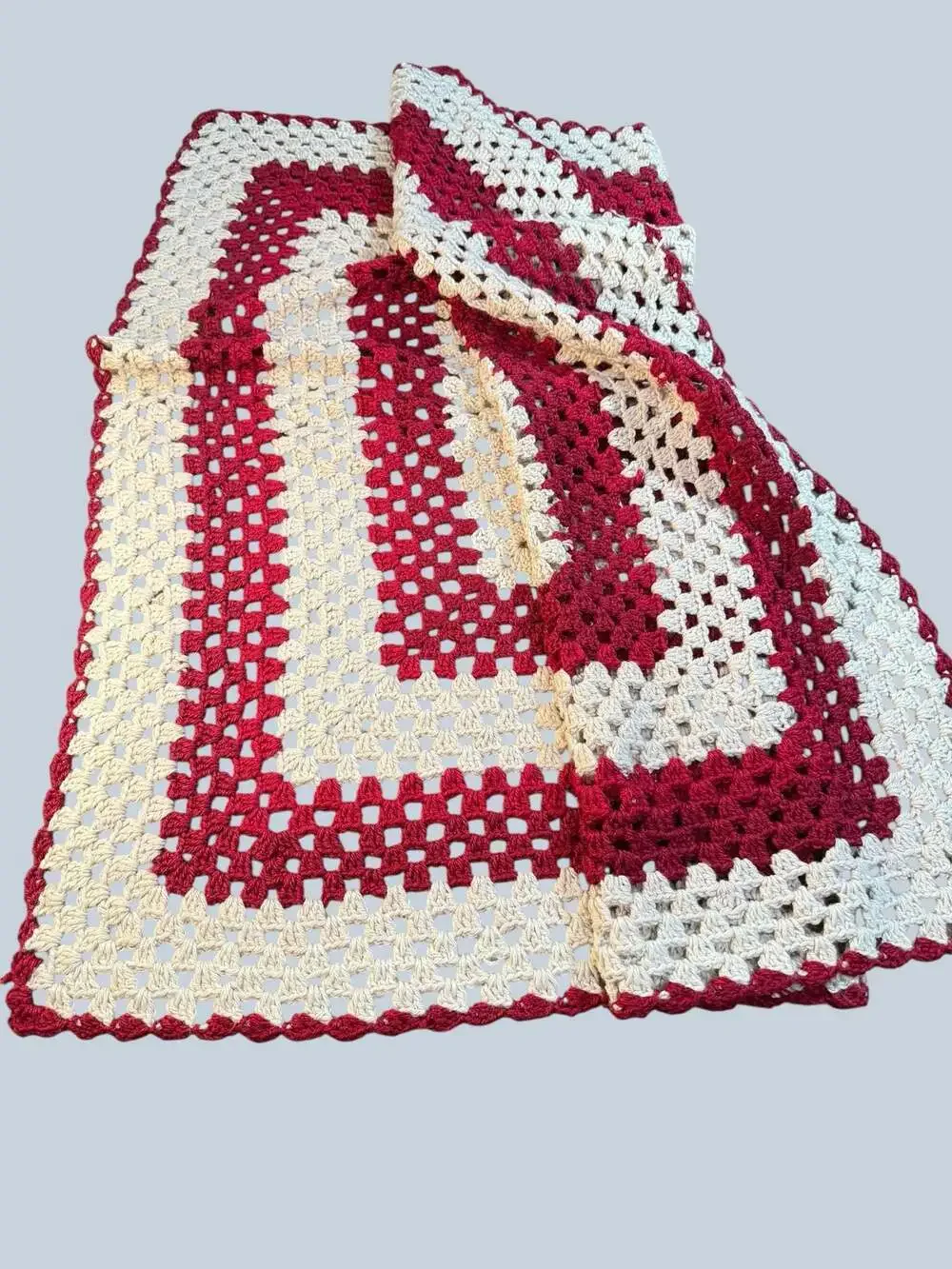 Vintage Maroon and Cream Granny Square Crochet Afghan Throw Blanket